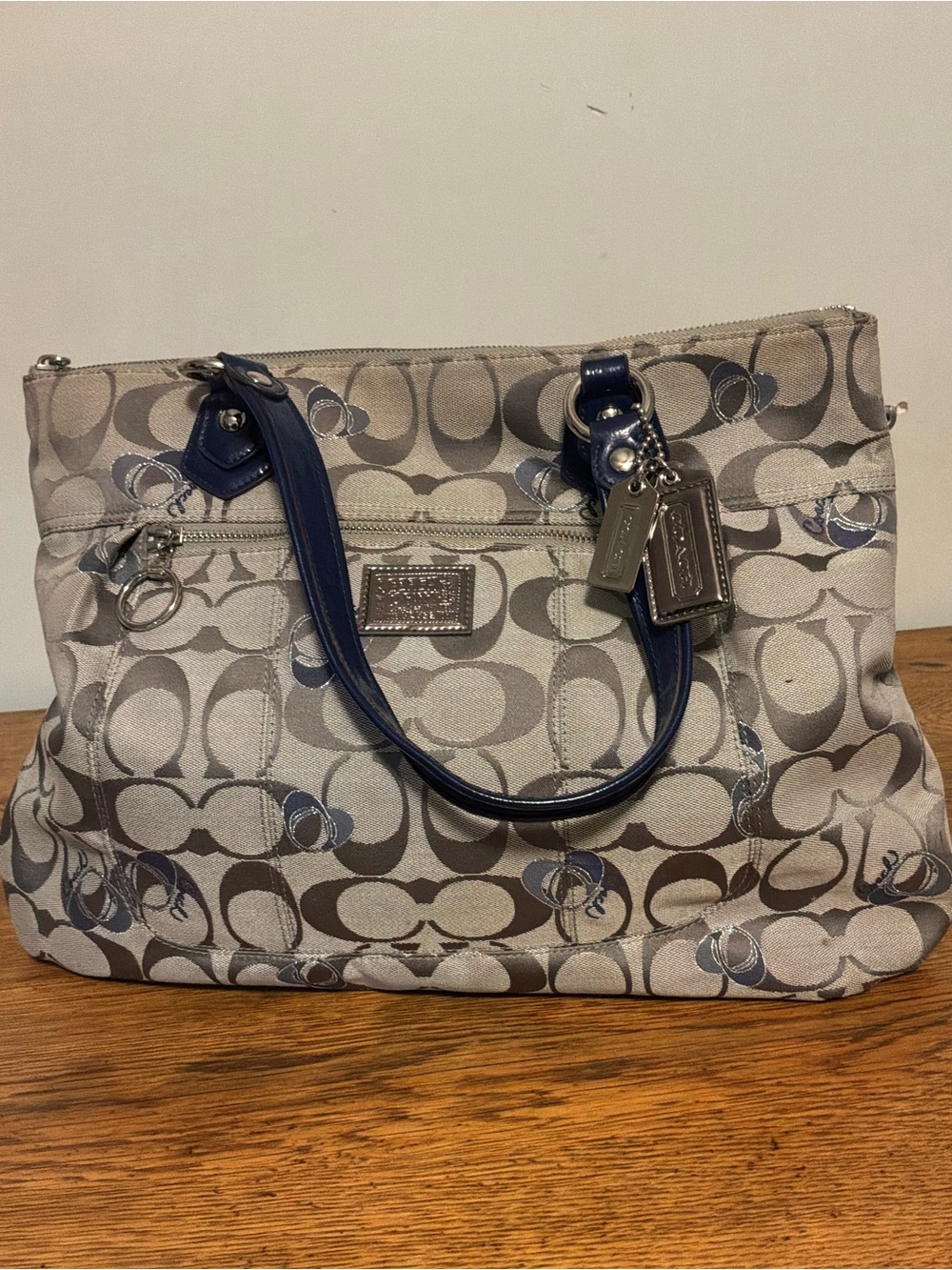 Coach Signature Poppy Shoulder Bag in Gray and Navy - Picture 1 of 13
